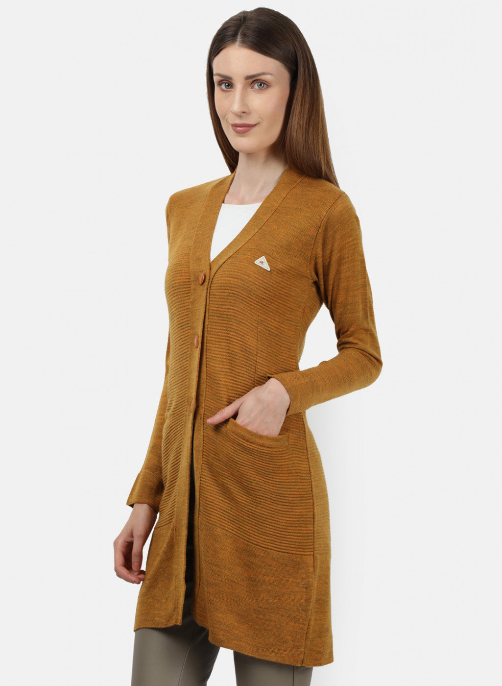 Women Mustard Self Design Cardigan