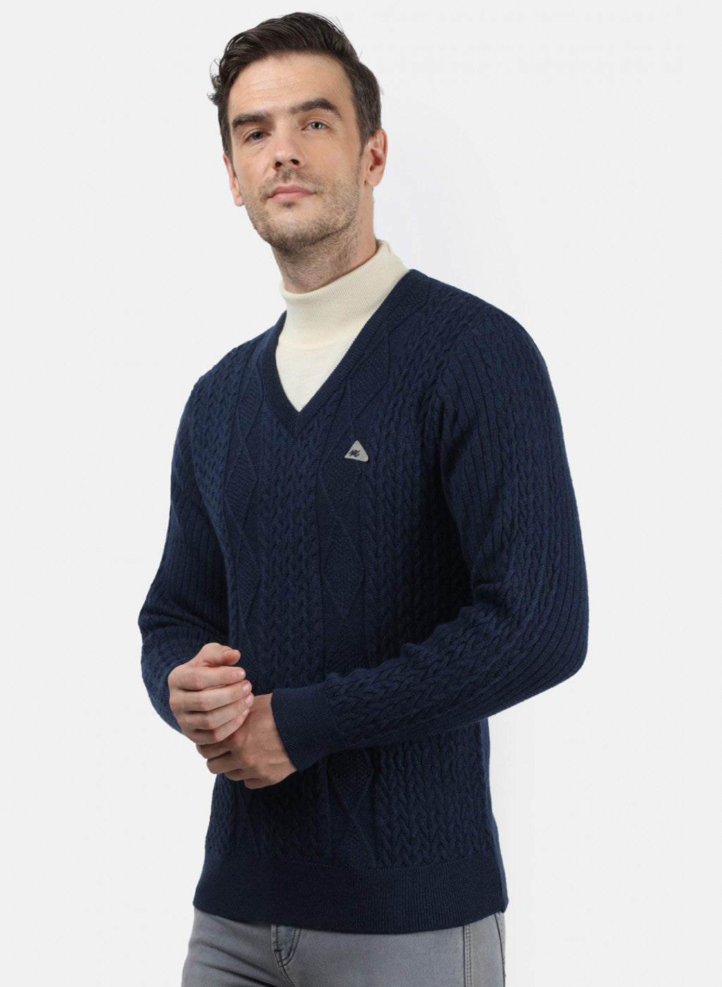 Men NAvy Blue Self Design Pullover