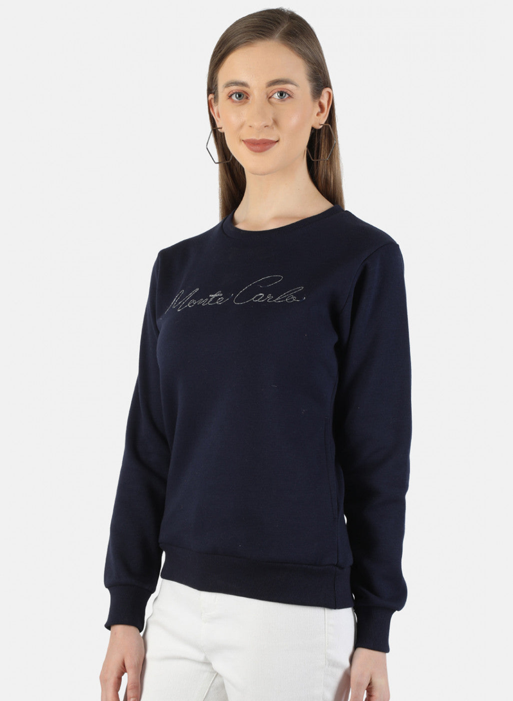 Women Navy Blue Embroidered Sweatshirt