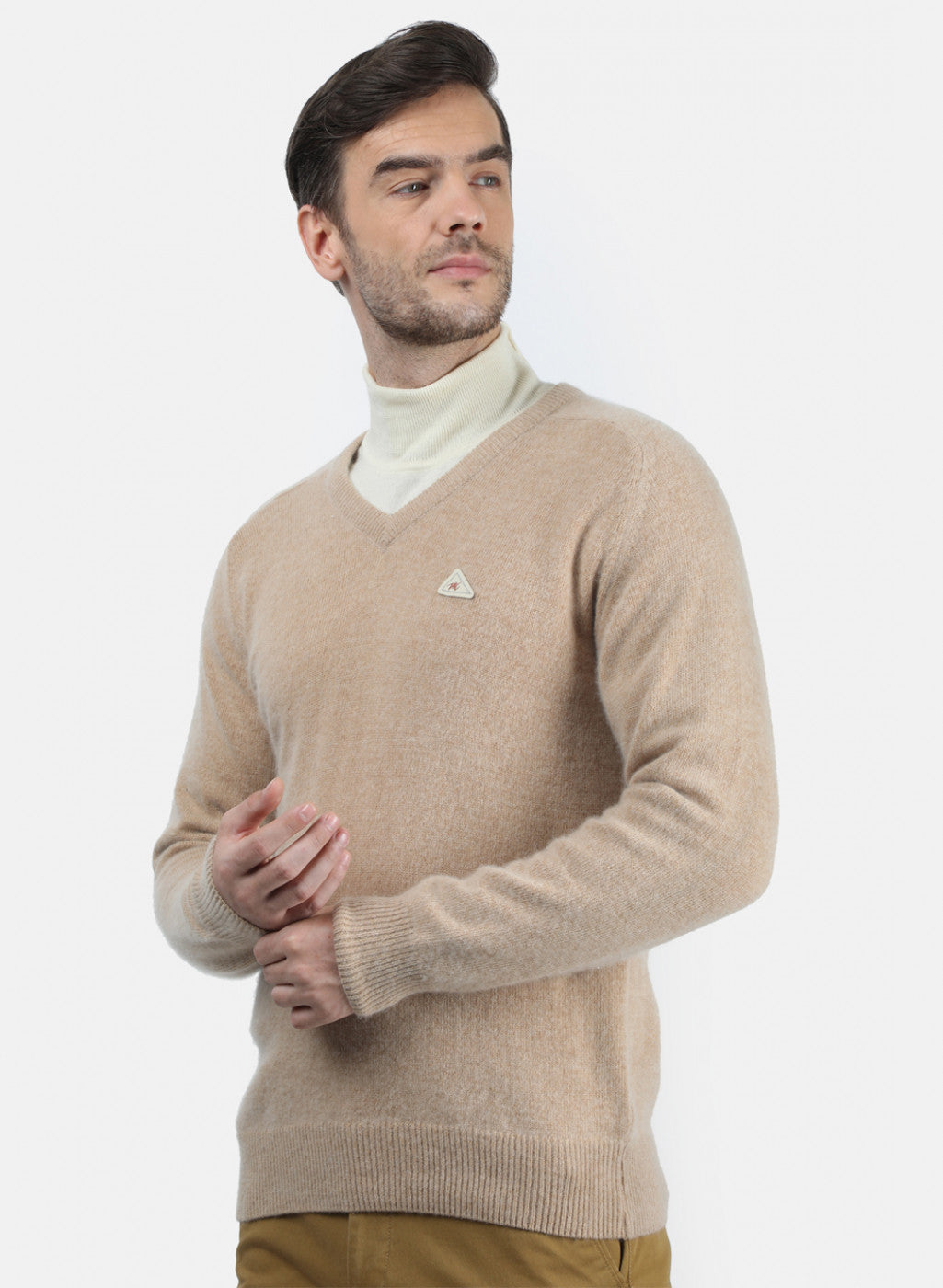 Men Beige Solid Pullover