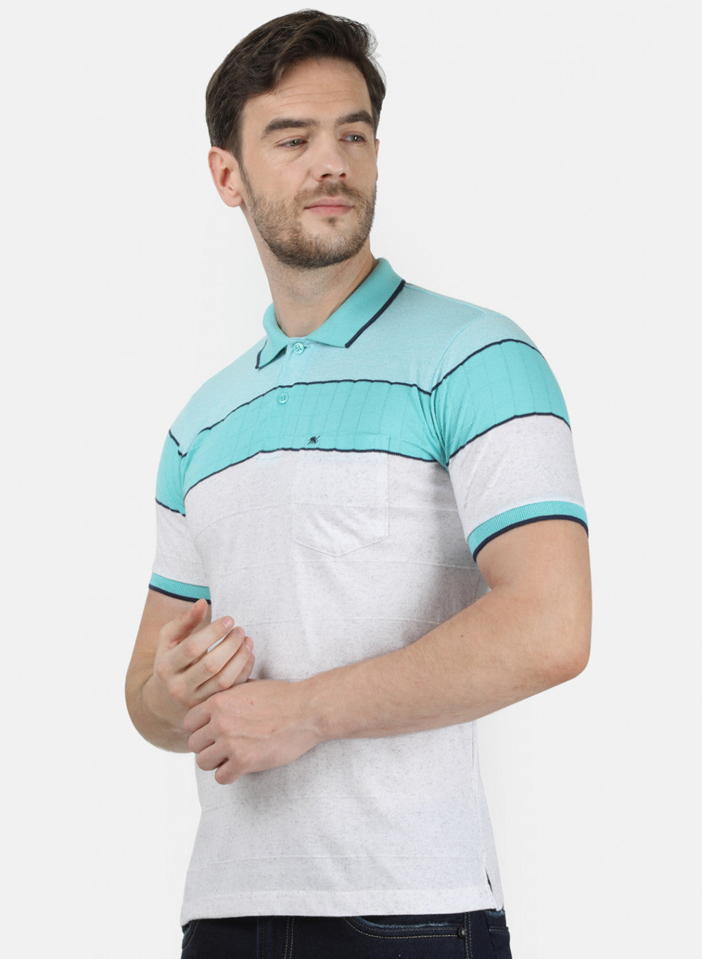 Mens Sea Green Stripe Collar T-Shirts