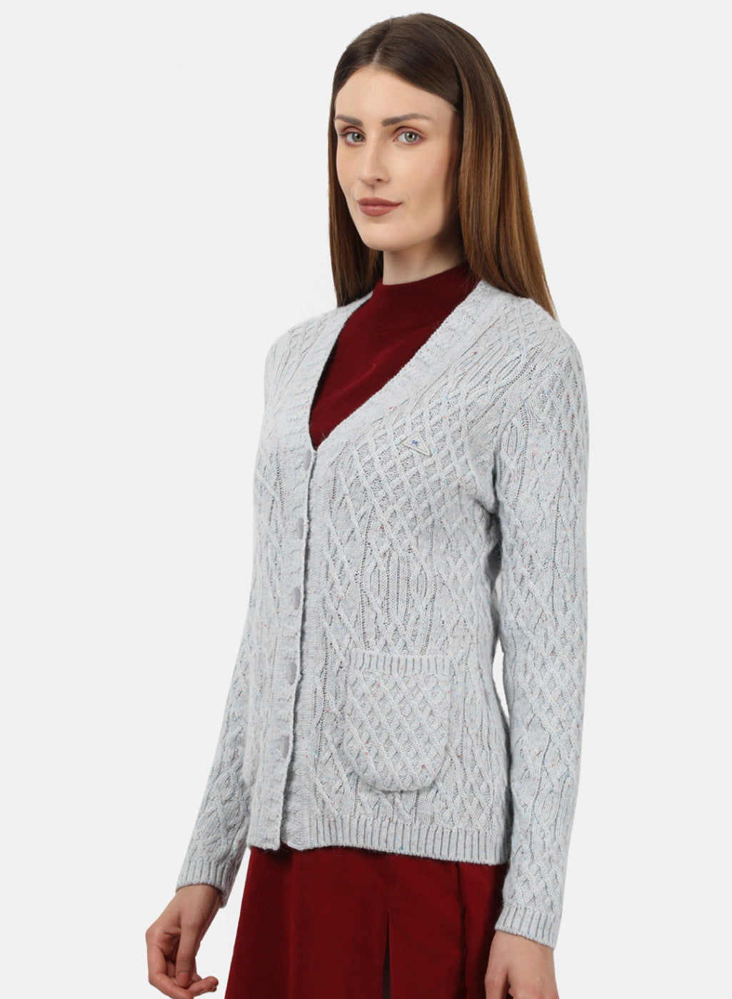 Women Light Grey Self Design Cardigan