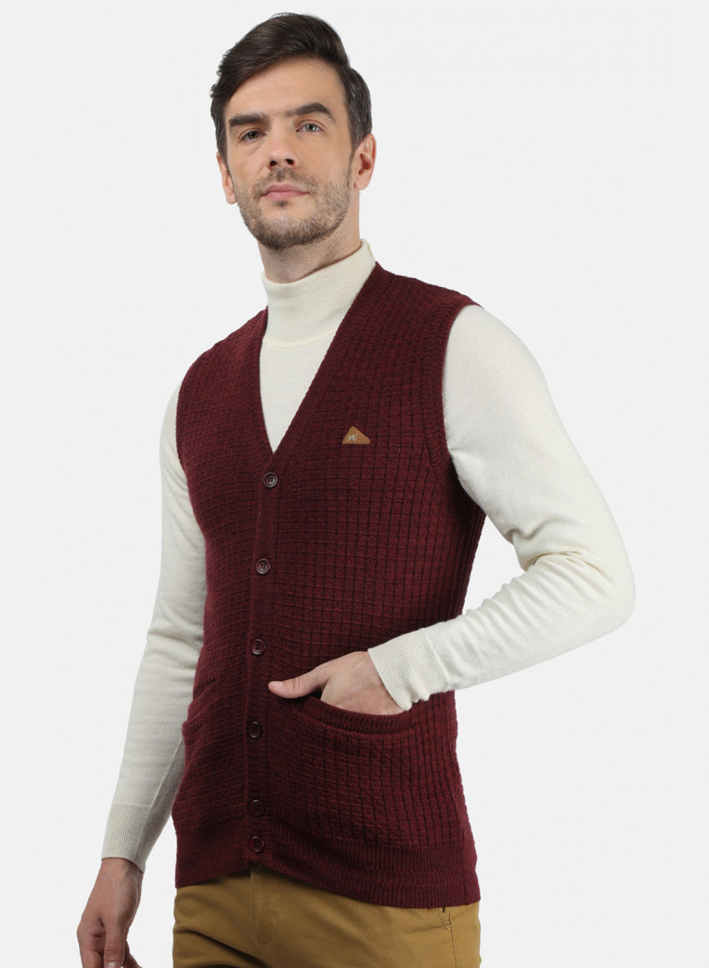 Men Maroon Self Design Cardigan