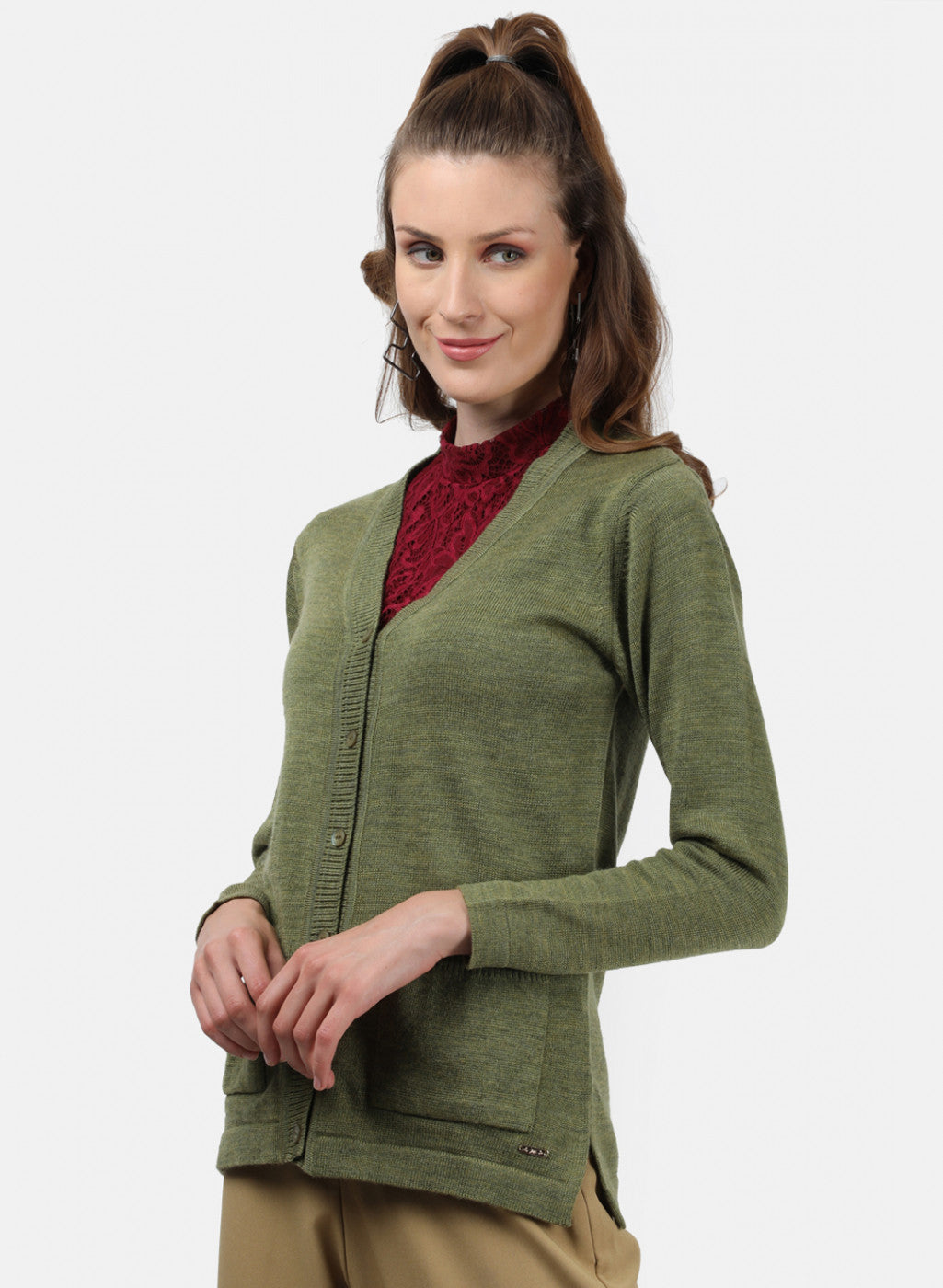 Women Olive Solid Cardigan