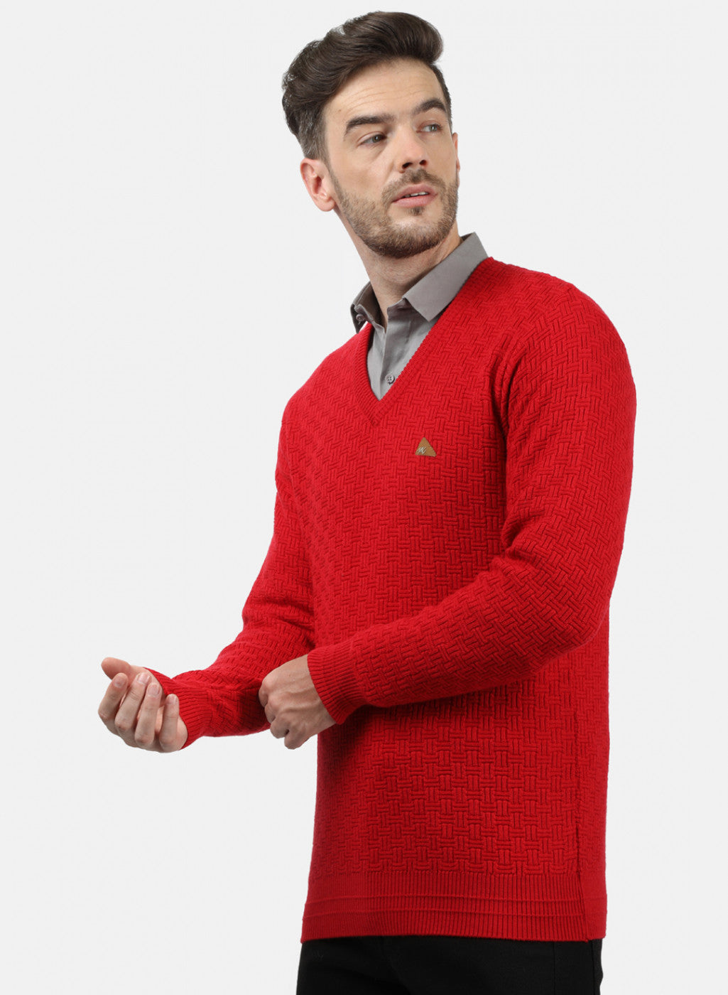 Men Red Self Pullover