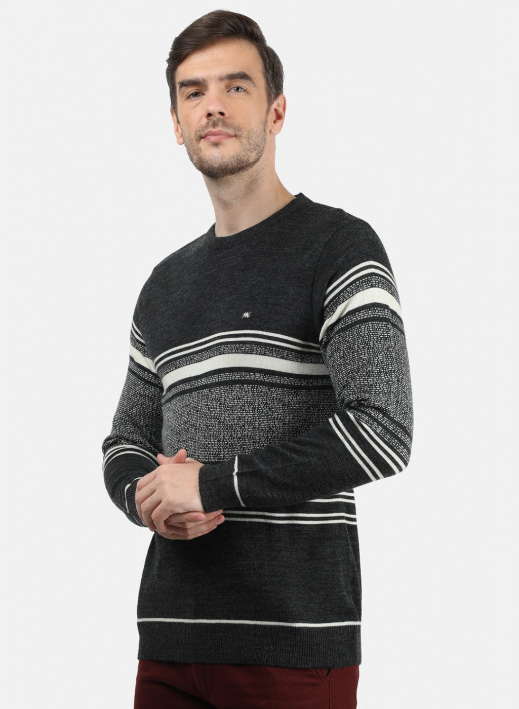 Men Grey & White Solid Pullover