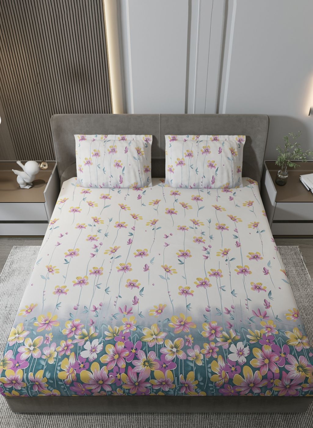 130 GSM Polyester Queen Bedsheet with 2 Pillow Covers