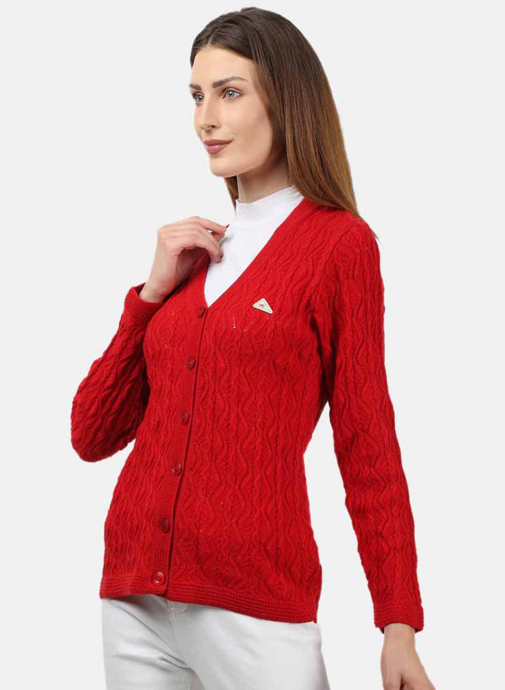 Women Red Self Design Cardigan