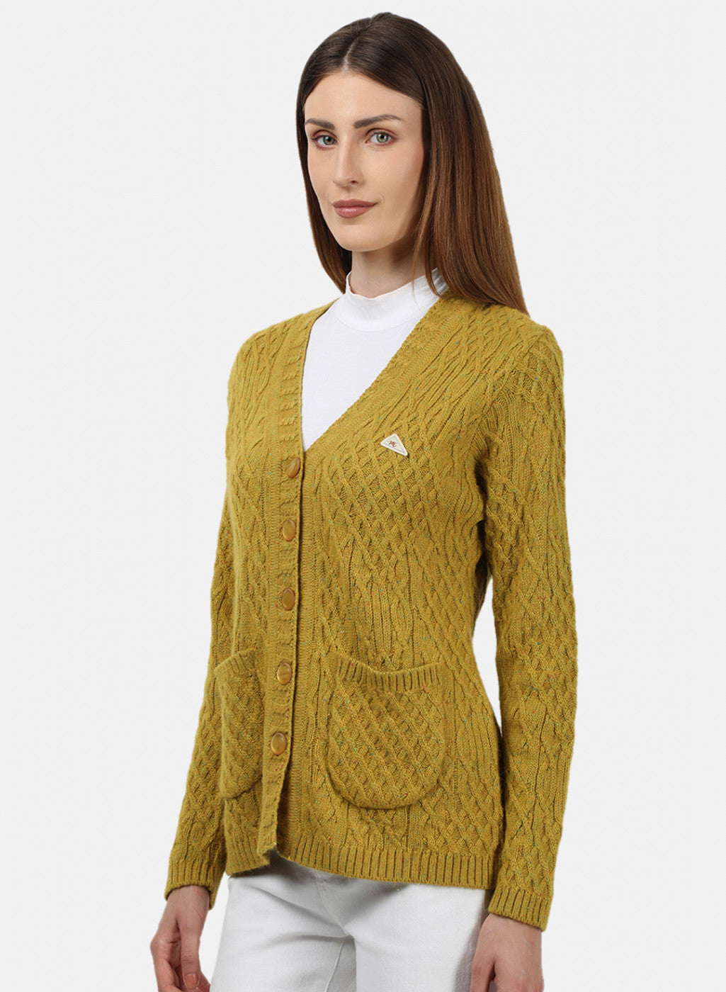 Women Yellow Self Design Cardigan