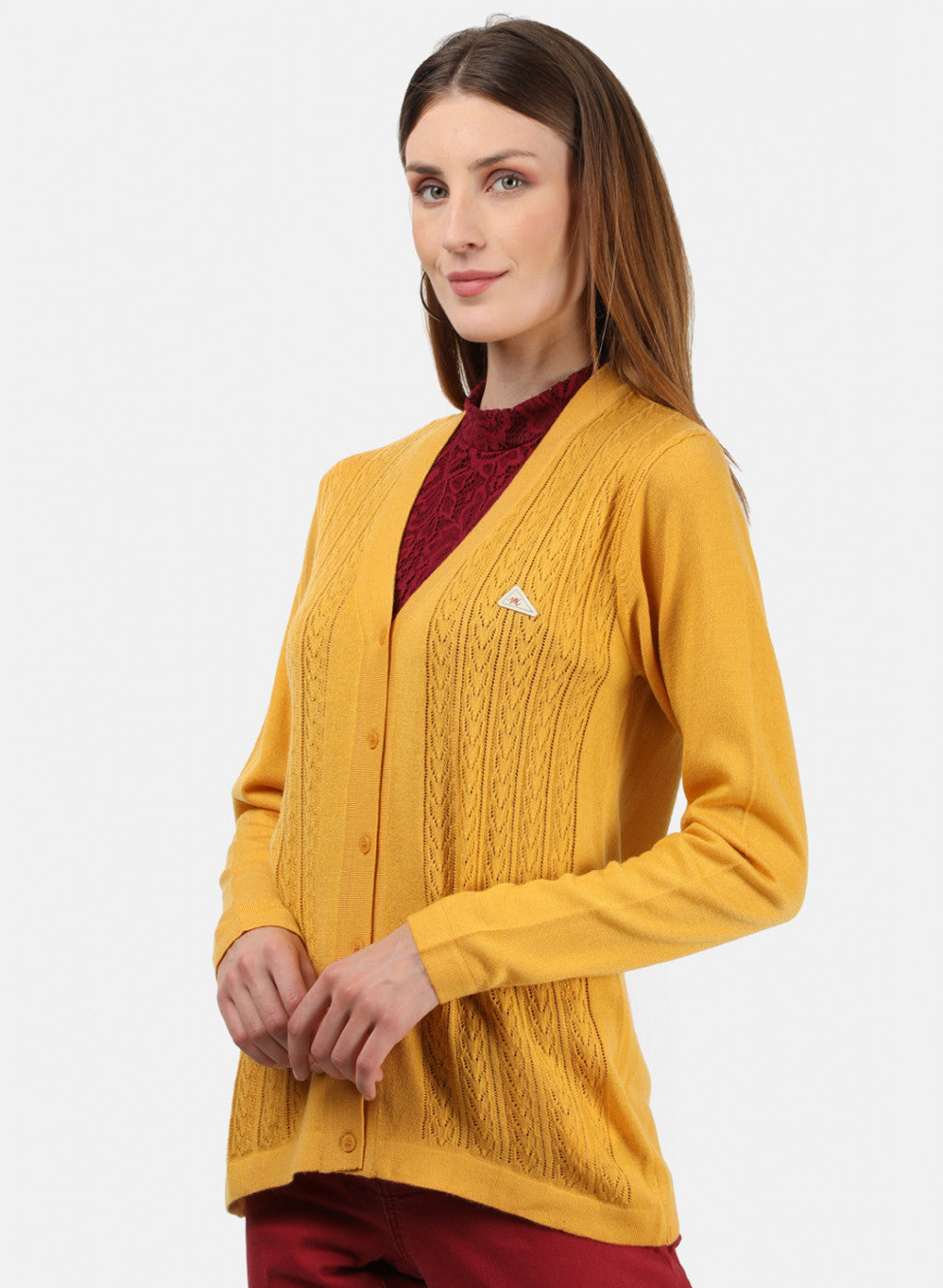 Women Yellow Self Cardigan