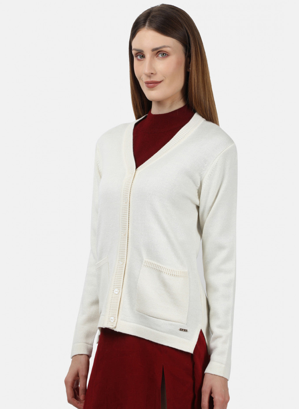 Women Off White Solid Cardigan