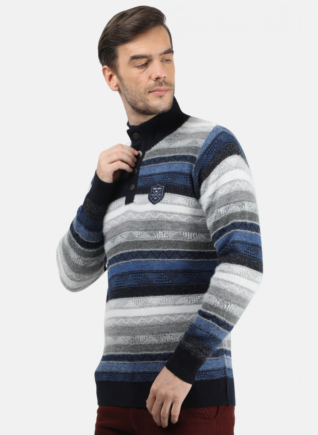 Men NAvy Blue & White Solid Pullover