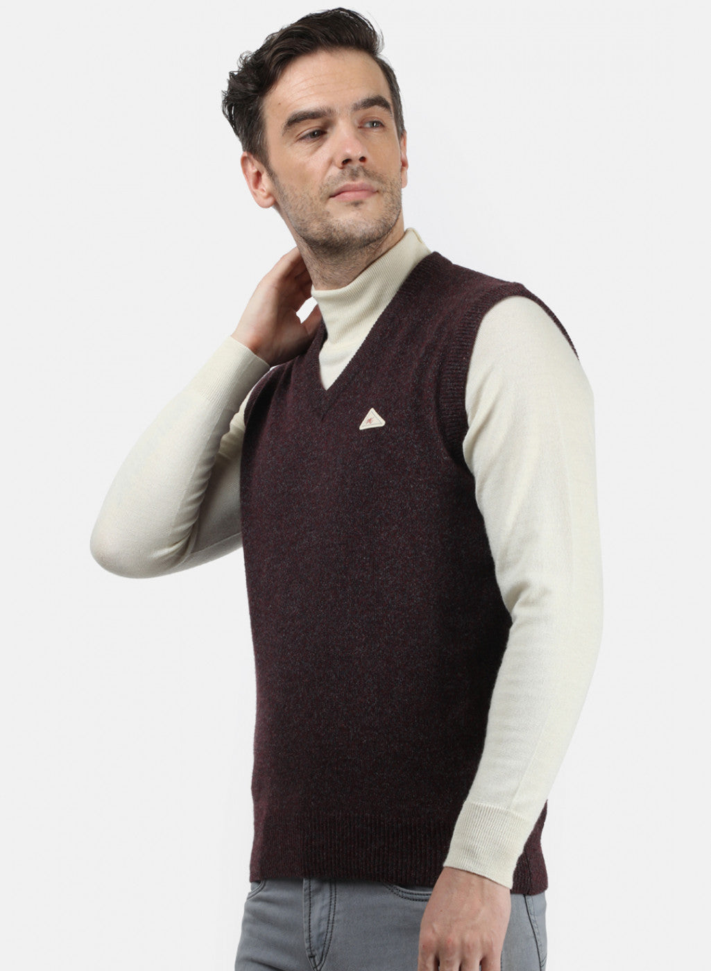 Men Maroon & Grey Solid Sweater