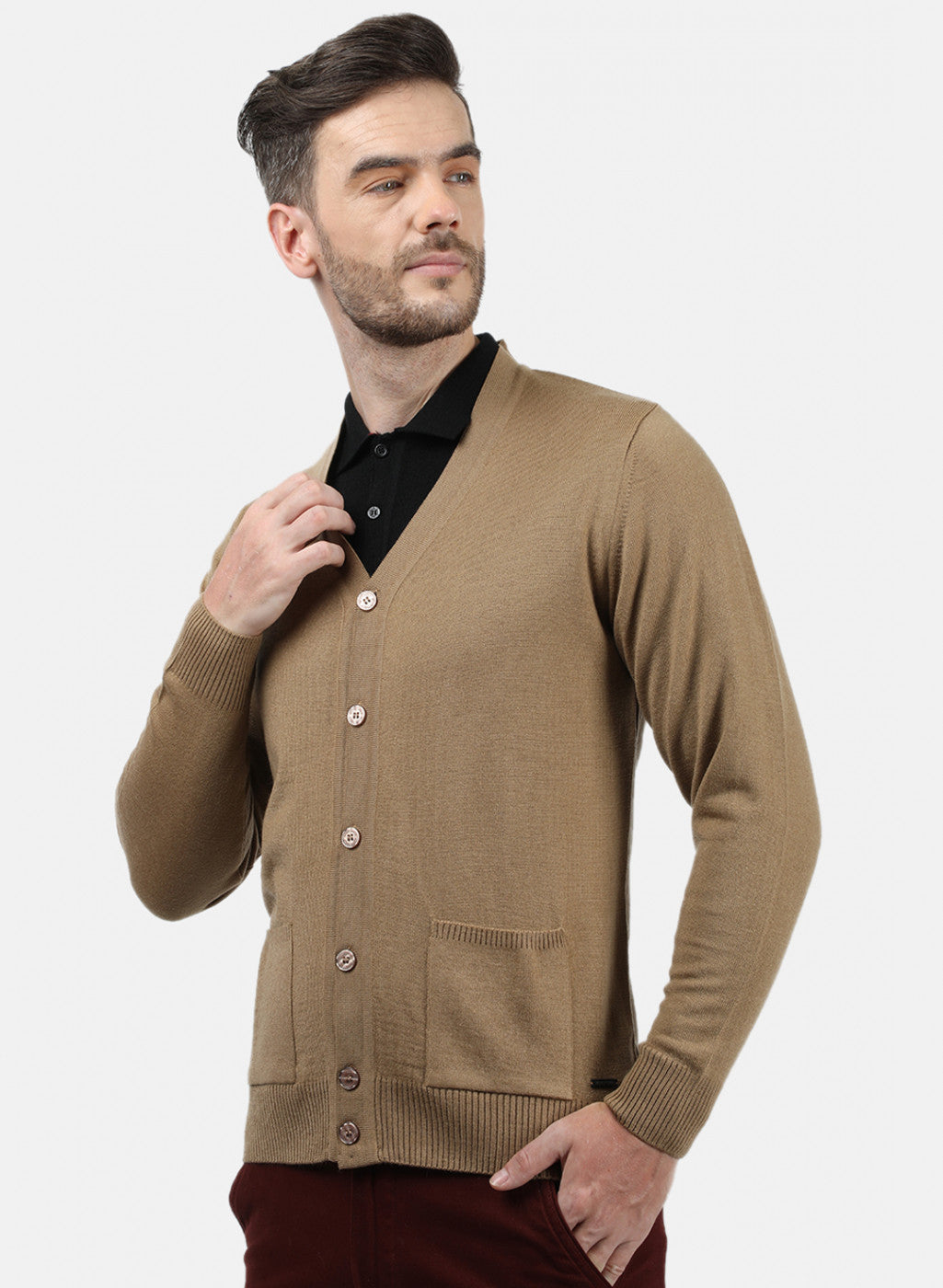 Men Beige Solid Cardigan