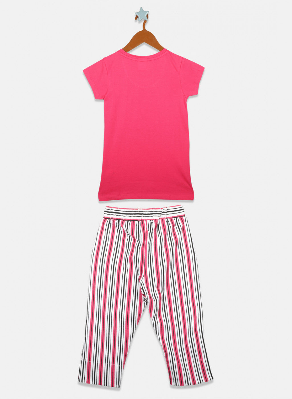 Girls Pink & Off White Printed Capri Set