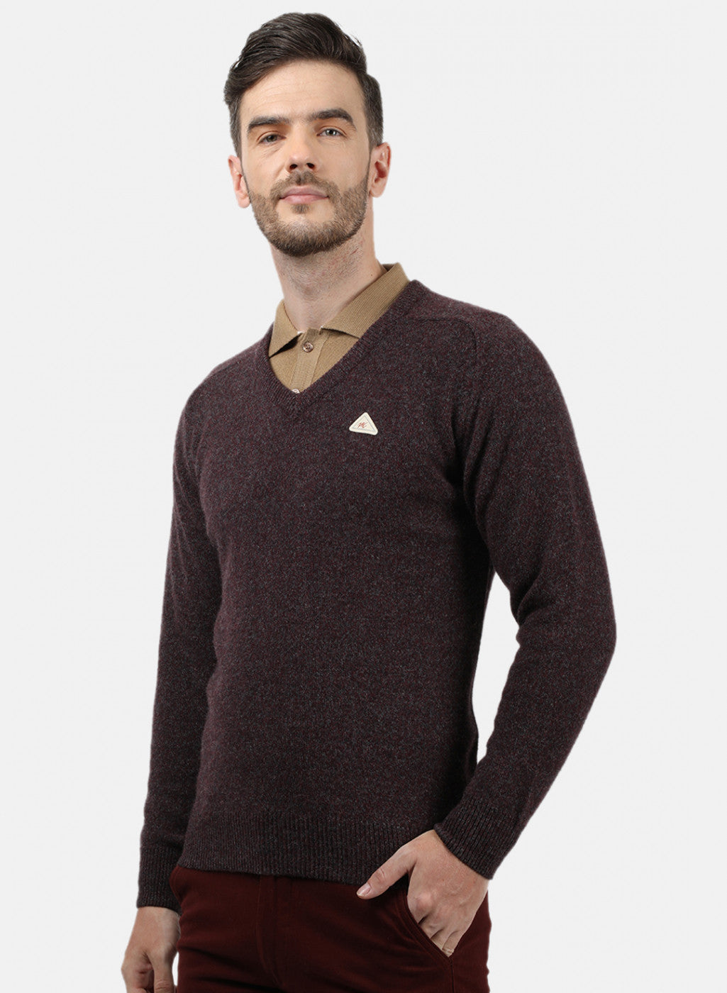 Men Grey & Maroon Solid Pullover