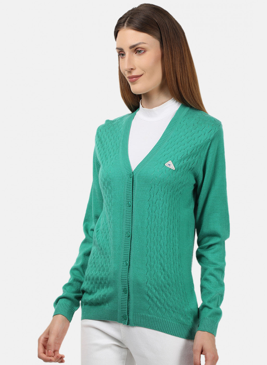 Women Green Self Design Cardigan