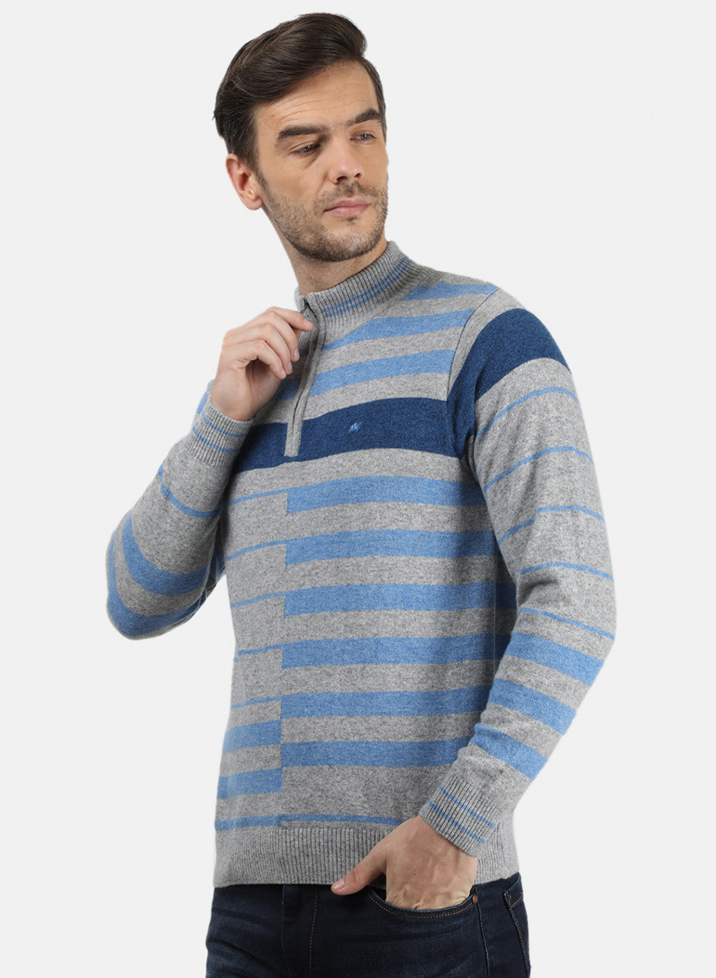 Men Grey & Blue Solid Pullover