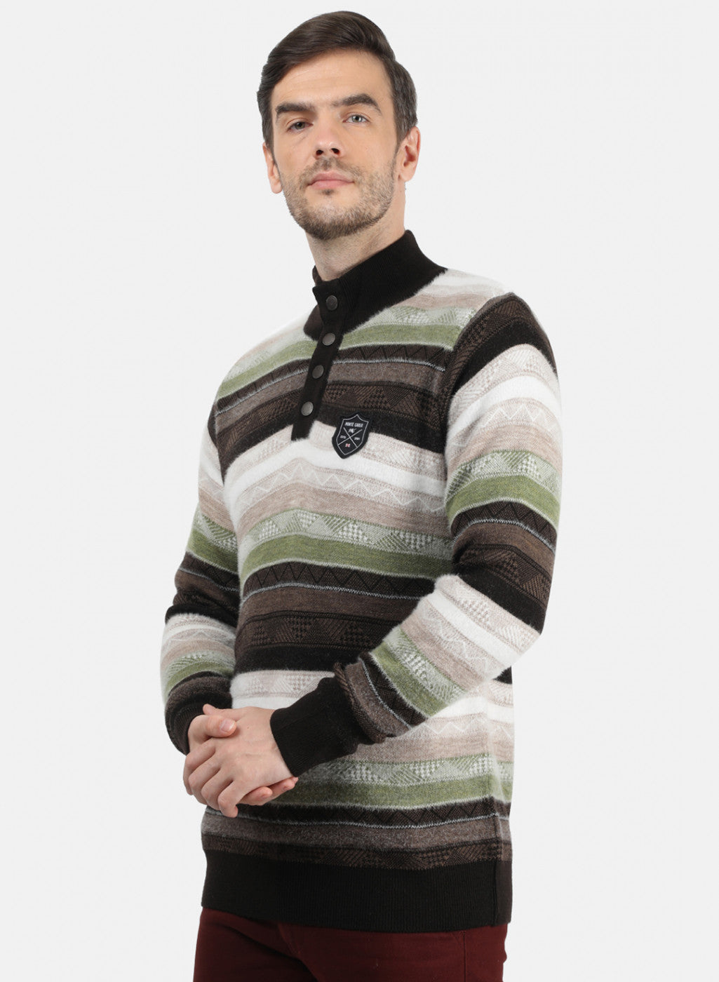 Men Brown & Green Solid Pullover