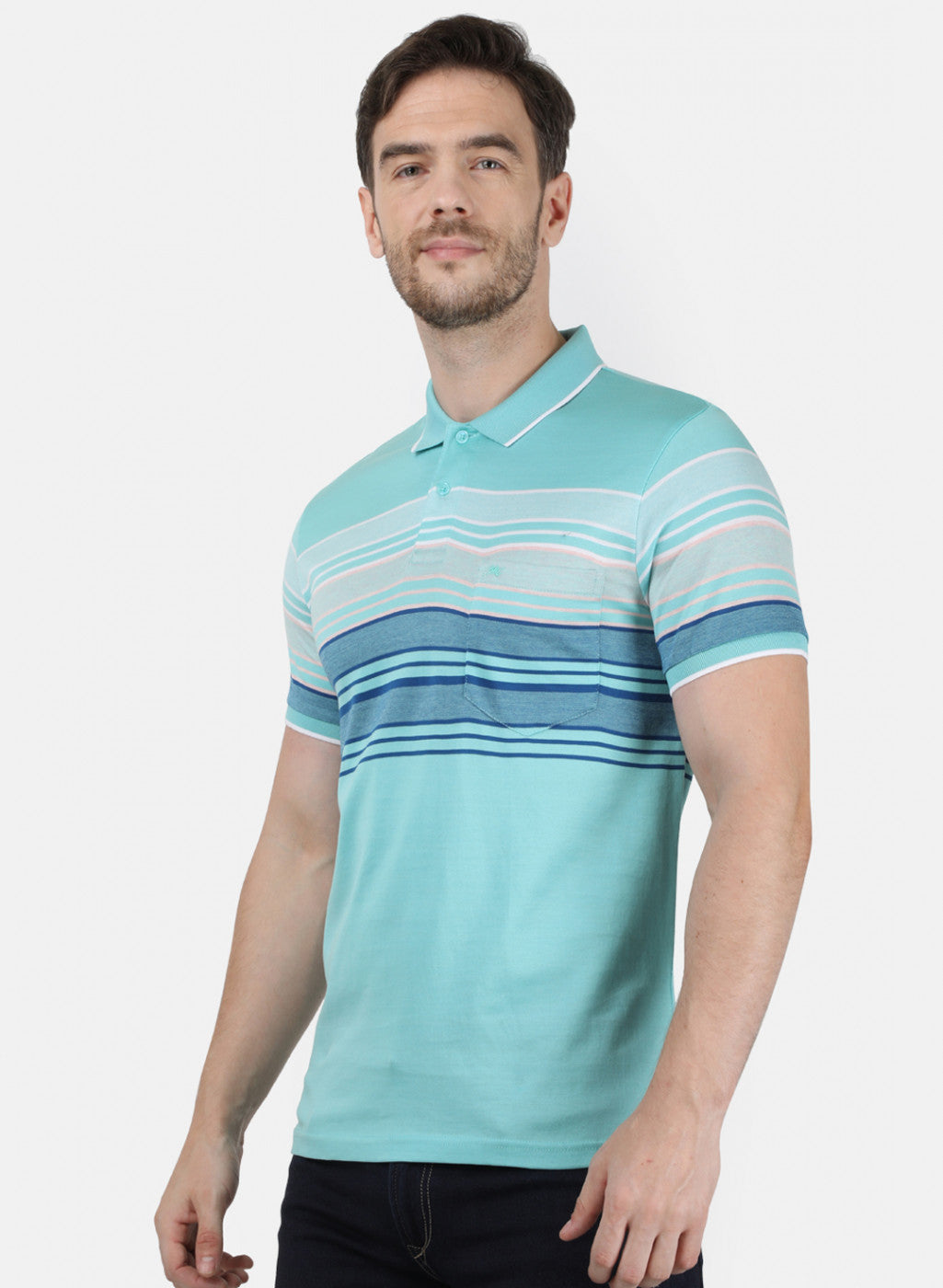 Mens Sea Green Stripe Collar T-Shirts