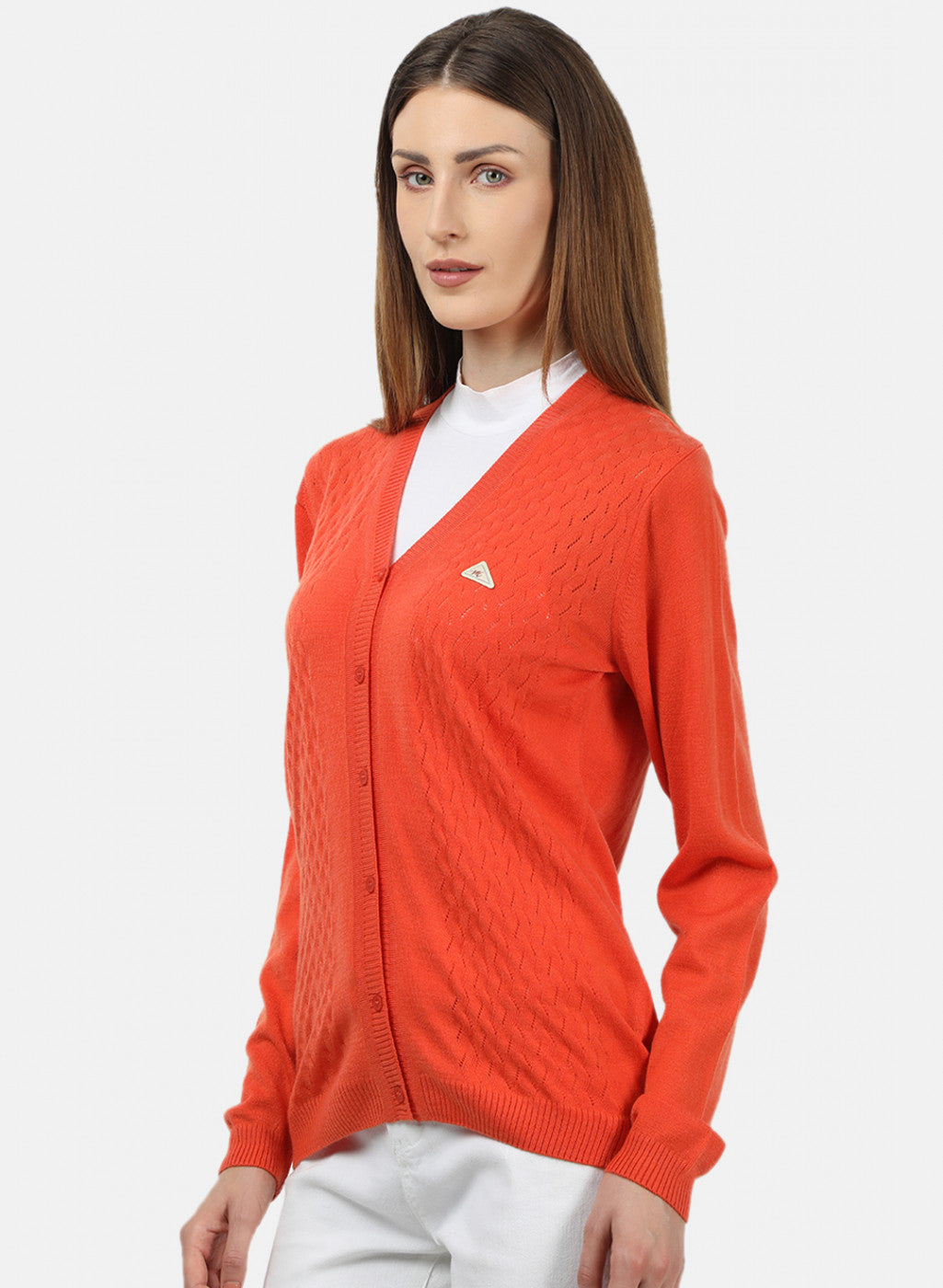 Women Orange Self Design Cardigan