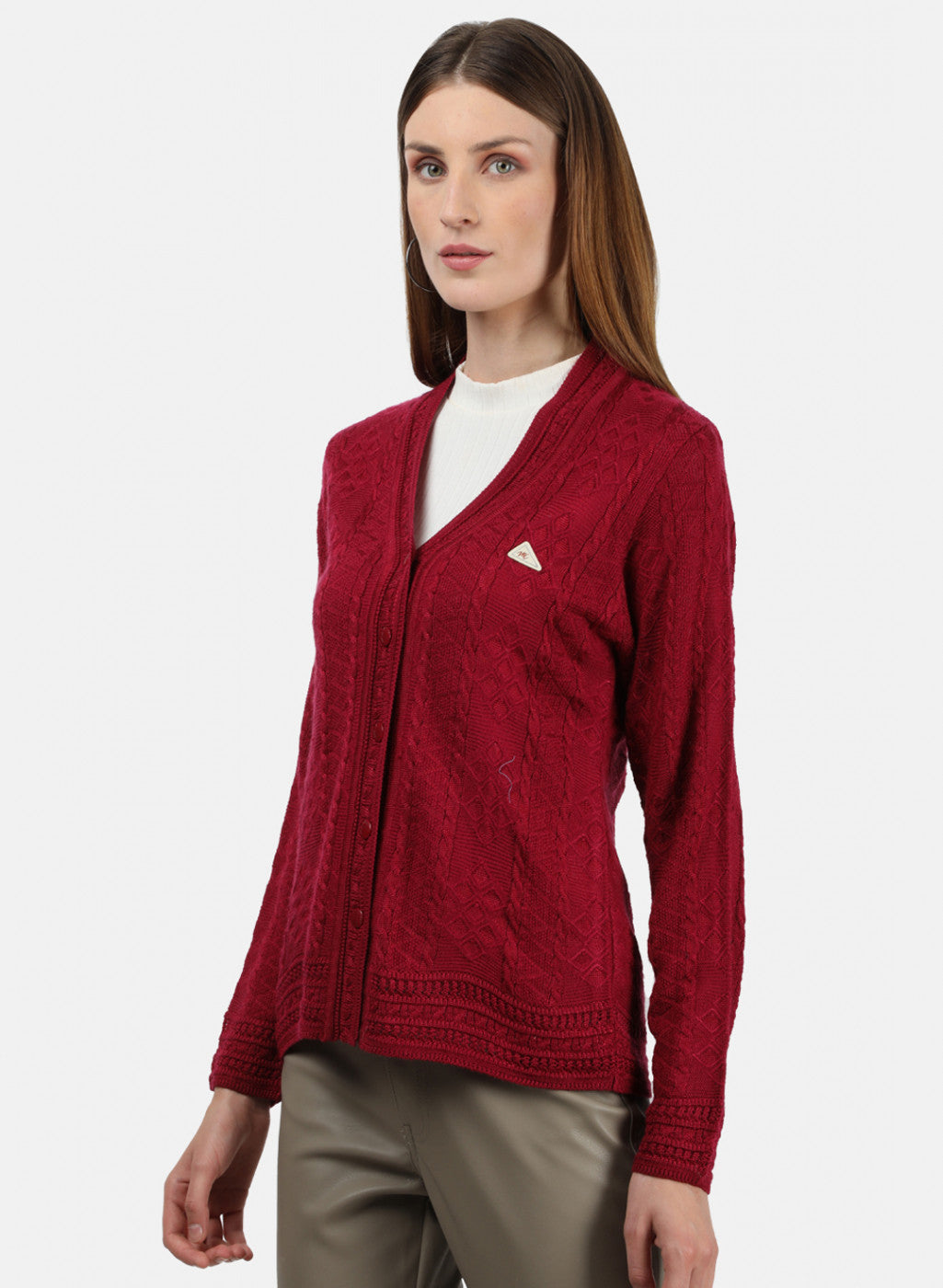 Women Red Self Cardigan