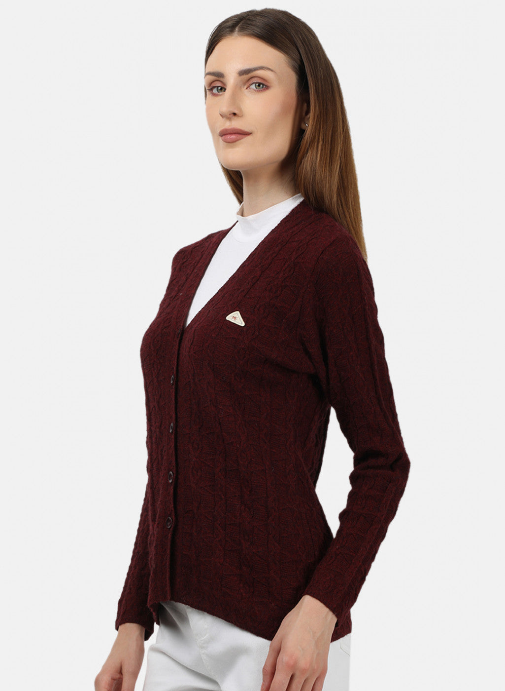 Women Maroon Self Design Cardigan