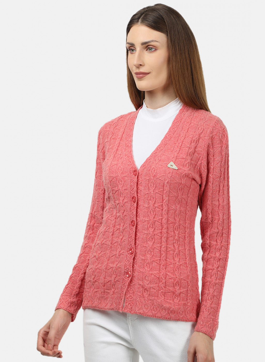 Women Light Red Self Design Cardigan