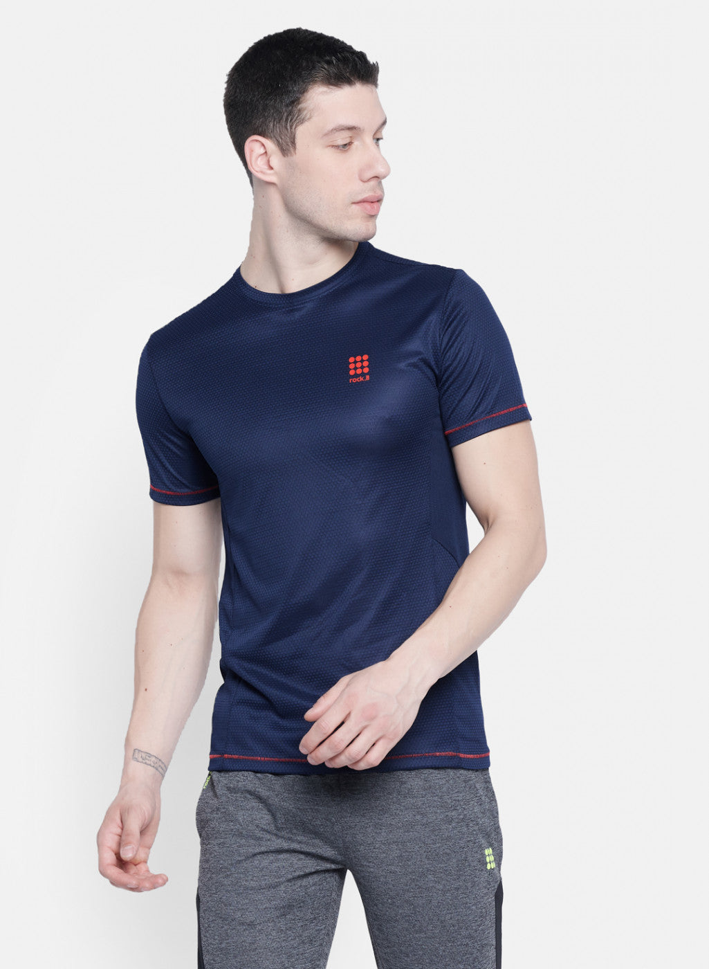 Mens NAvy Blue Self Design T-Shirt