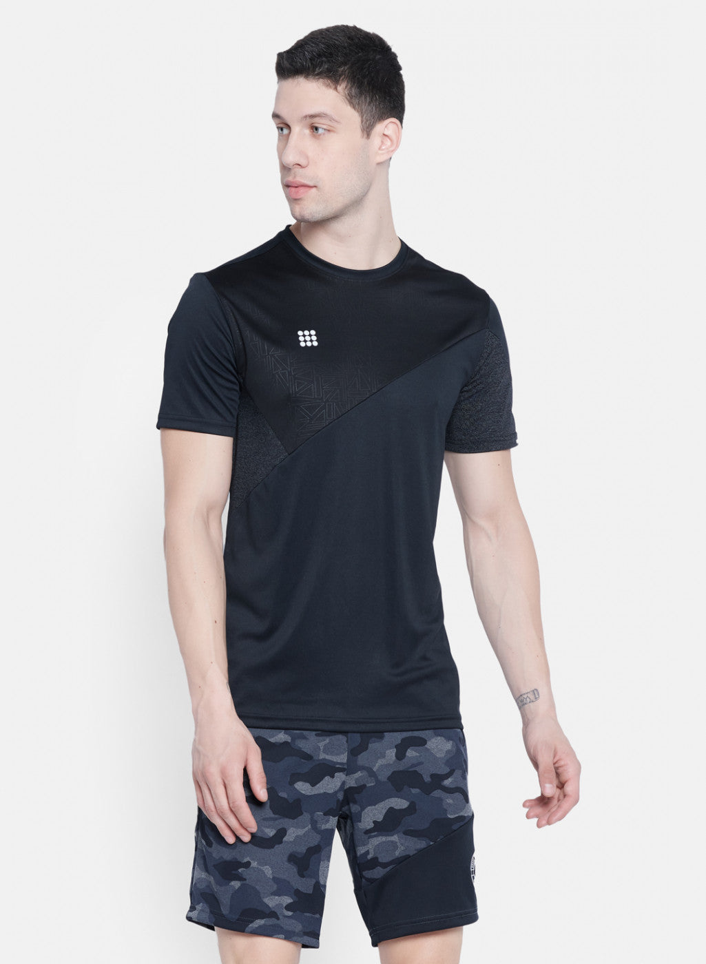 Mens Black Self Design T-Shirt