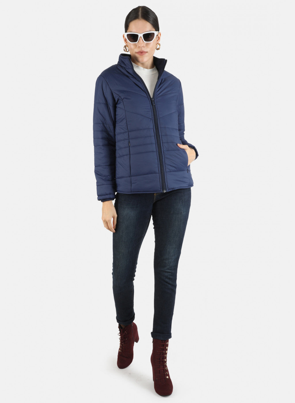 Women Navy Blue Solid Jacket