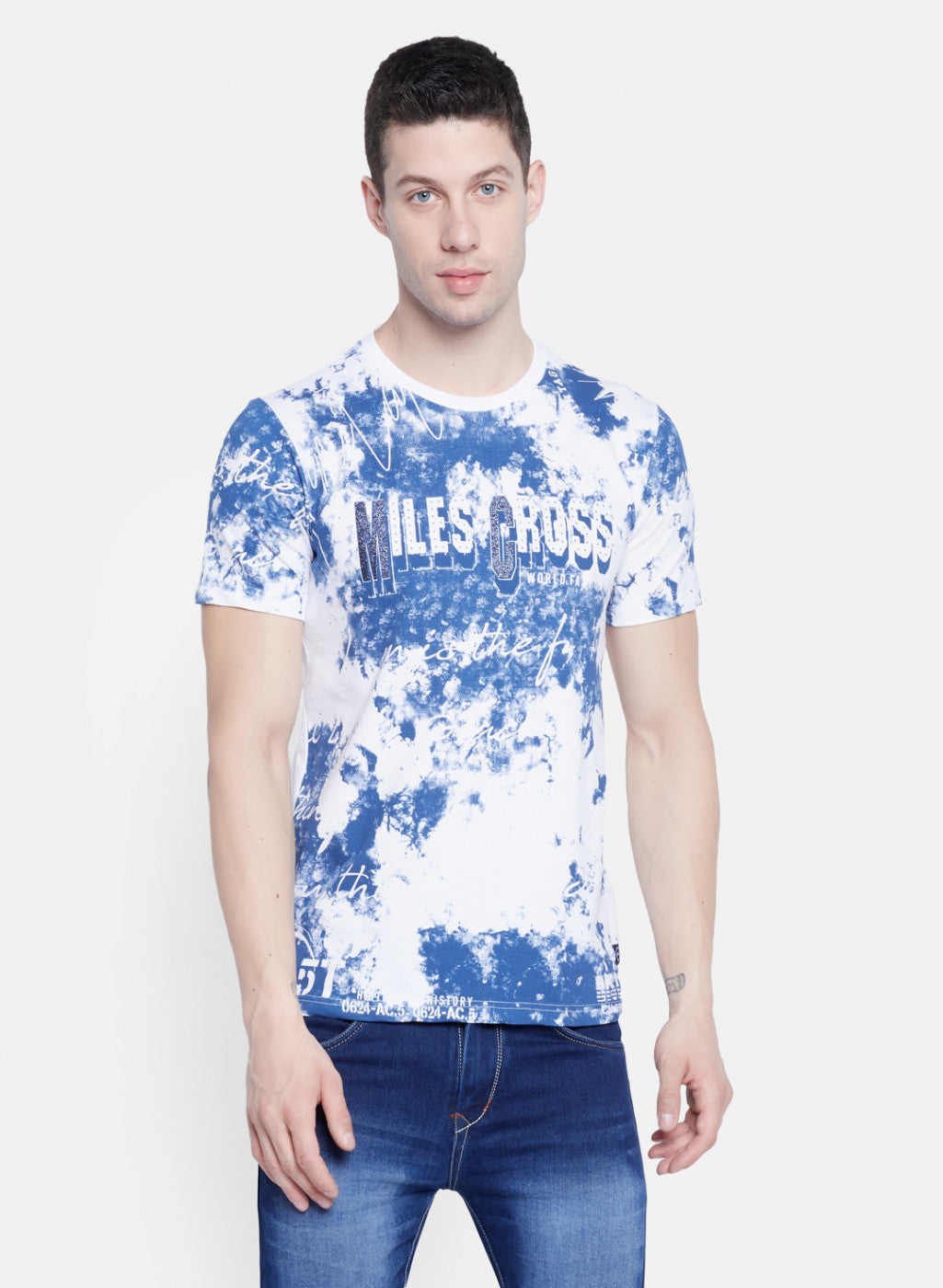 Mens White & Blue Printed T-Shirt