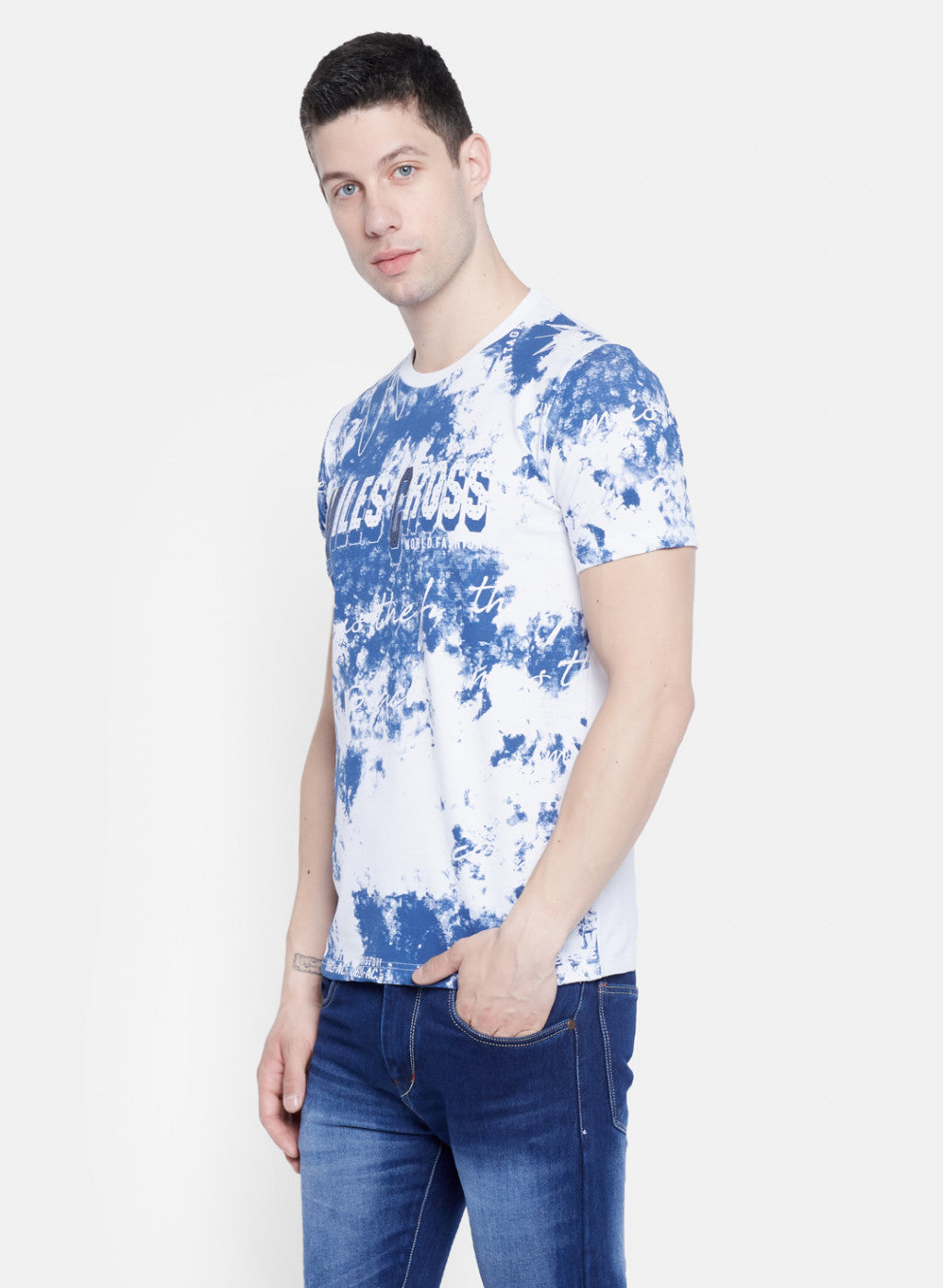 Mens White & Blue Printed T-Shirt