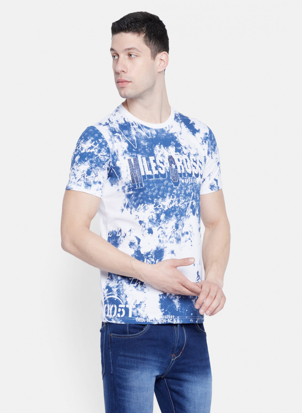 Mens White & Blue Printed T-Shirt