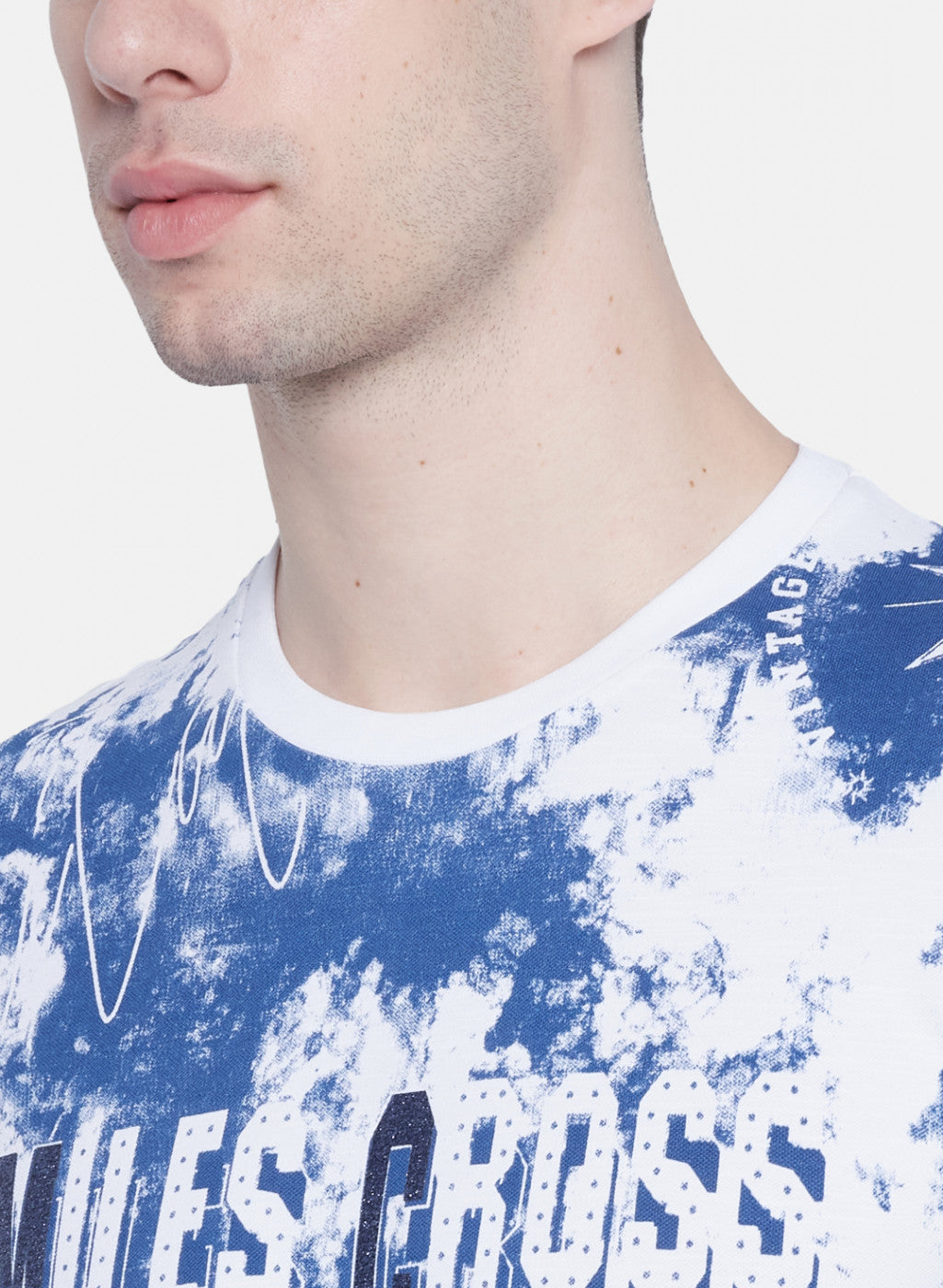 Mens White & Blue Printed T-Shirt