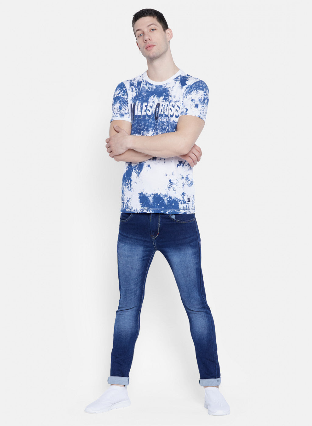 Mens White & Blue Printed T-Shirt