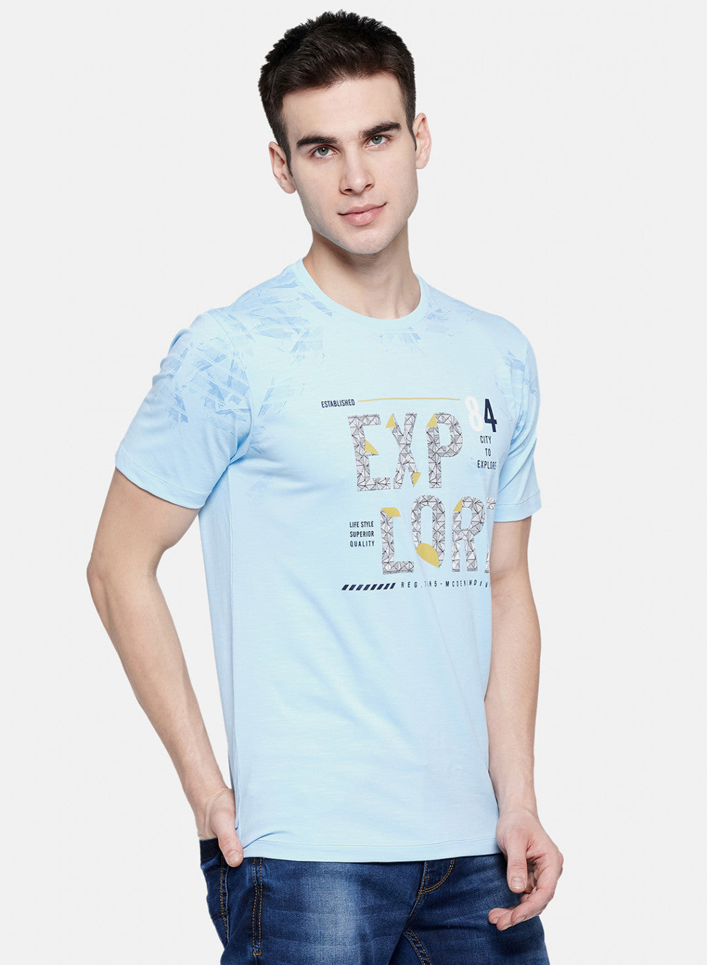 Mens Sky Blue Printed T-Shirt