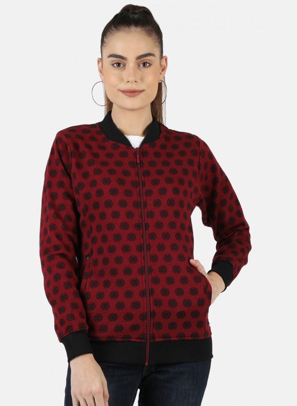 Women Maroon Jaquard Sweatshirt