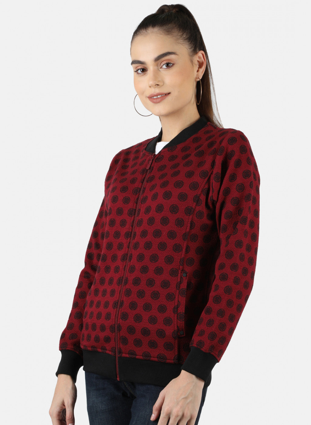 Women Maroon Jaquard Sweatshirt