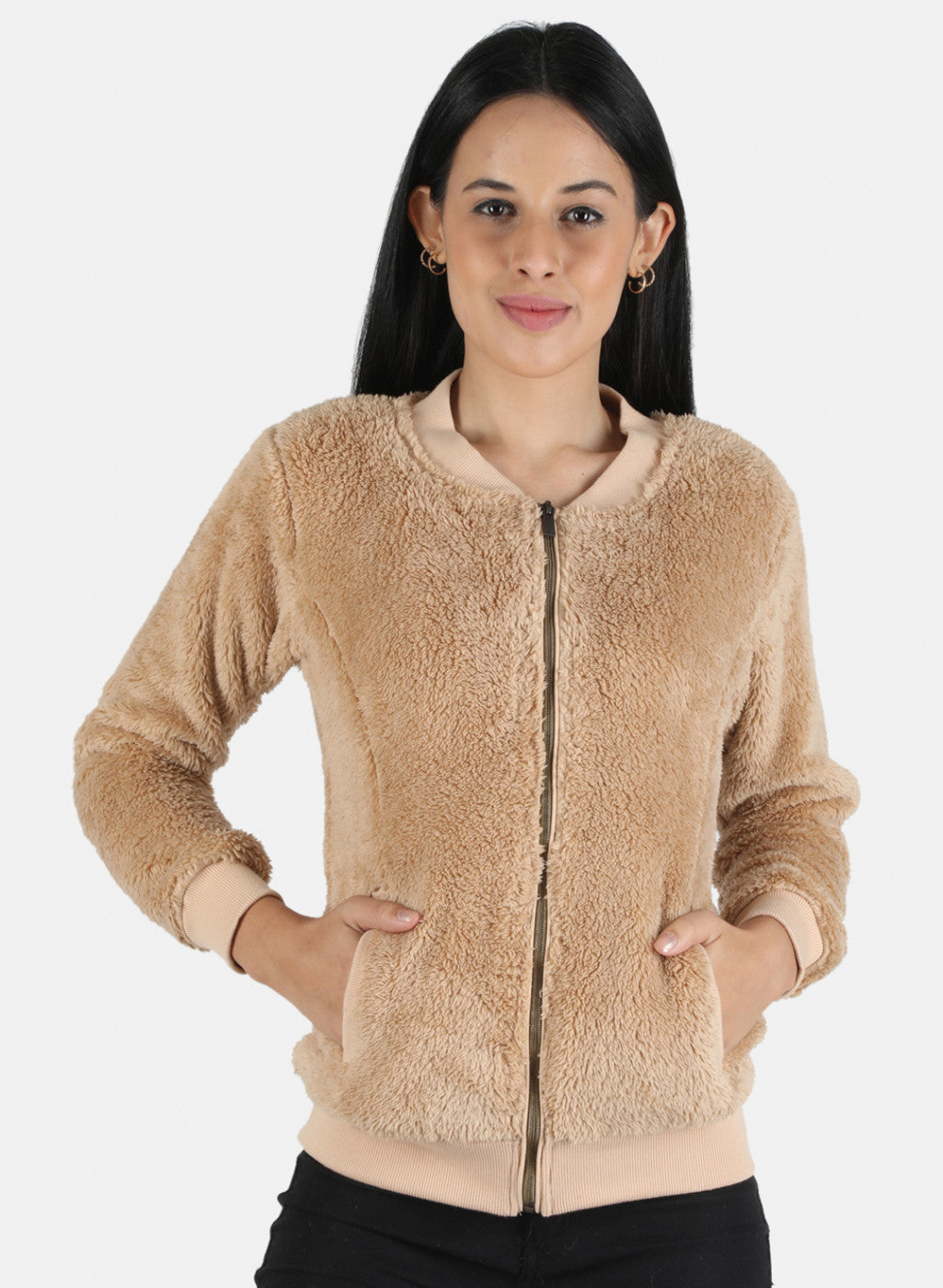 Women Beige Solid Sweatshirt