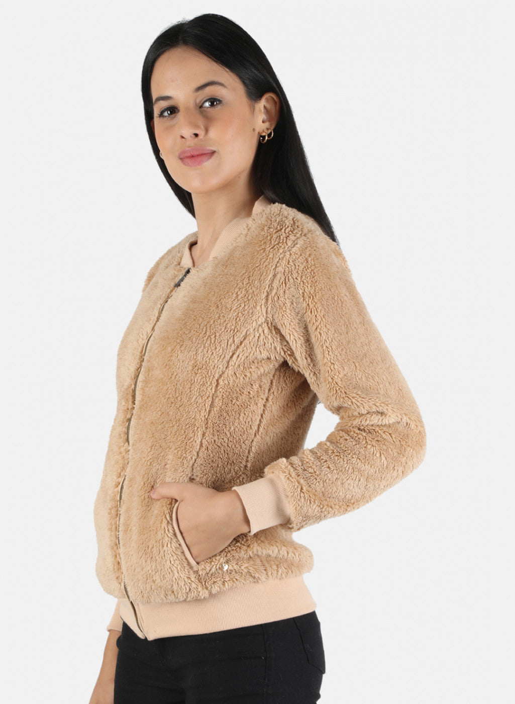 Women Beige Solid Sweatshirt