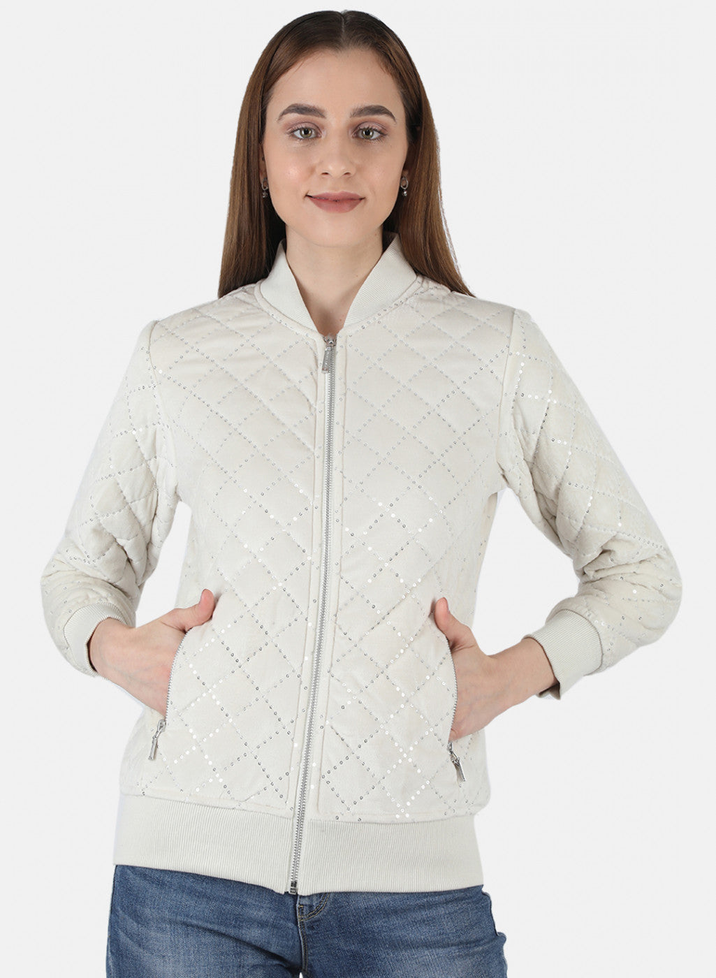 Women Cream Self Design Jacket