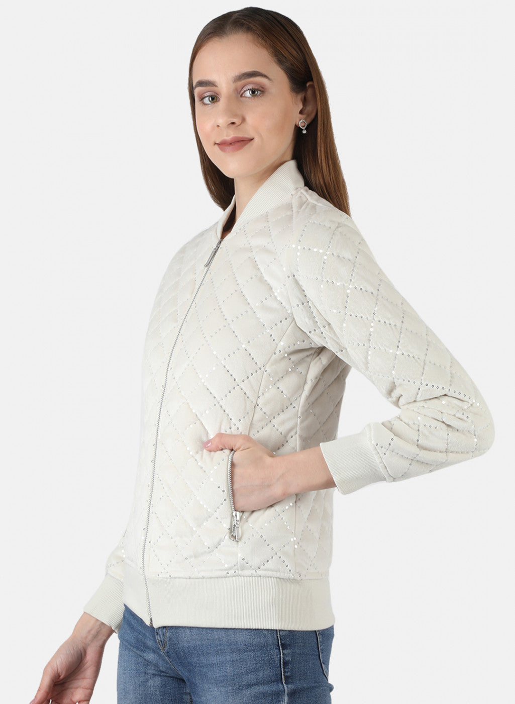 Women Cream Self Design Jacket