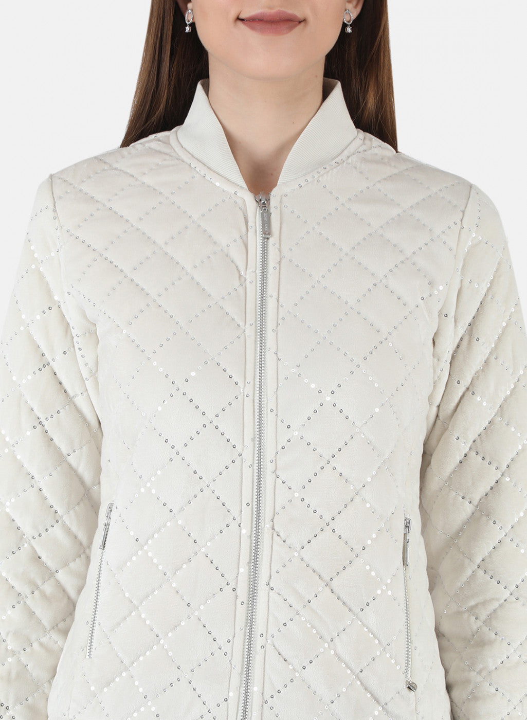 Women Cream Self Design Jacket