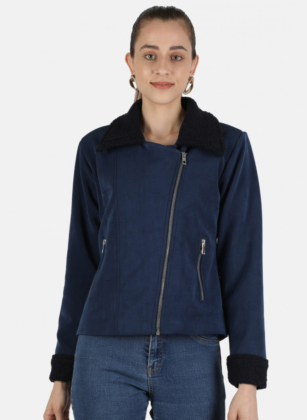 Women Navy Blue Solid Jacket