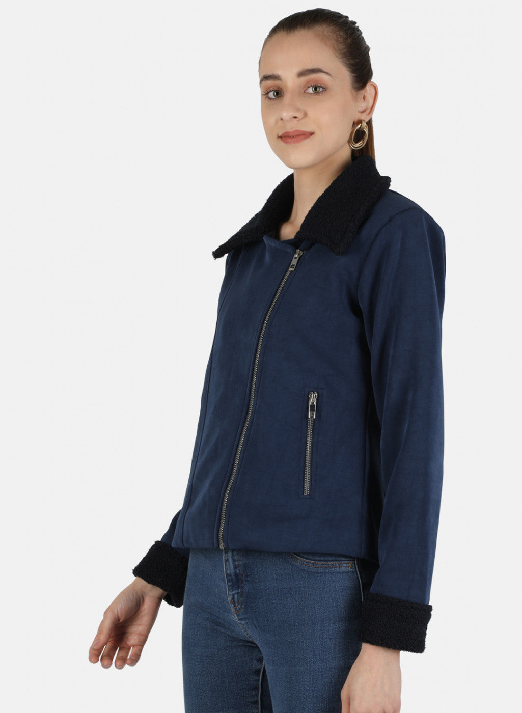 Women Navy Blue Solid Jacket