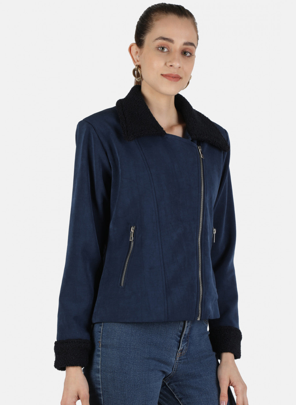 Women Navy Blue Solid Jacket