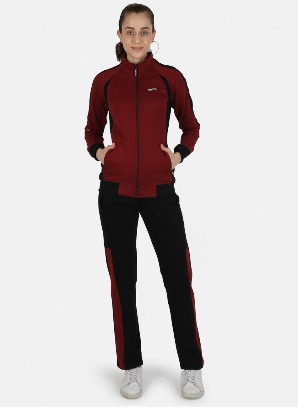 Women Maroon Solid Tracksuit