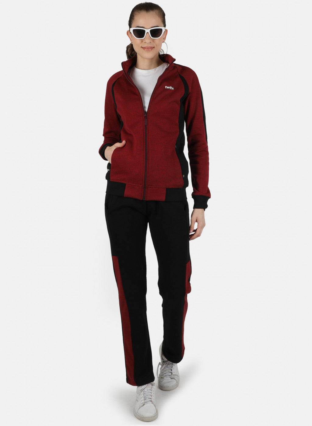 Women Maroon Solid Tracksuit