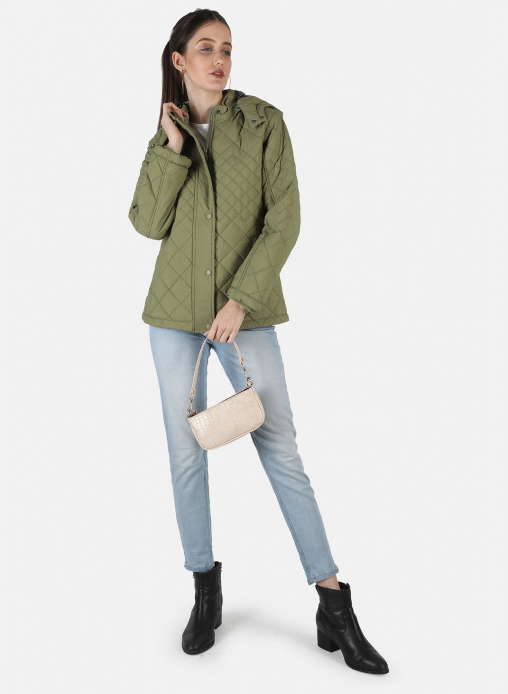 Ladies Wild Olive Green Long Puffer Jacket With Hood | Jacket